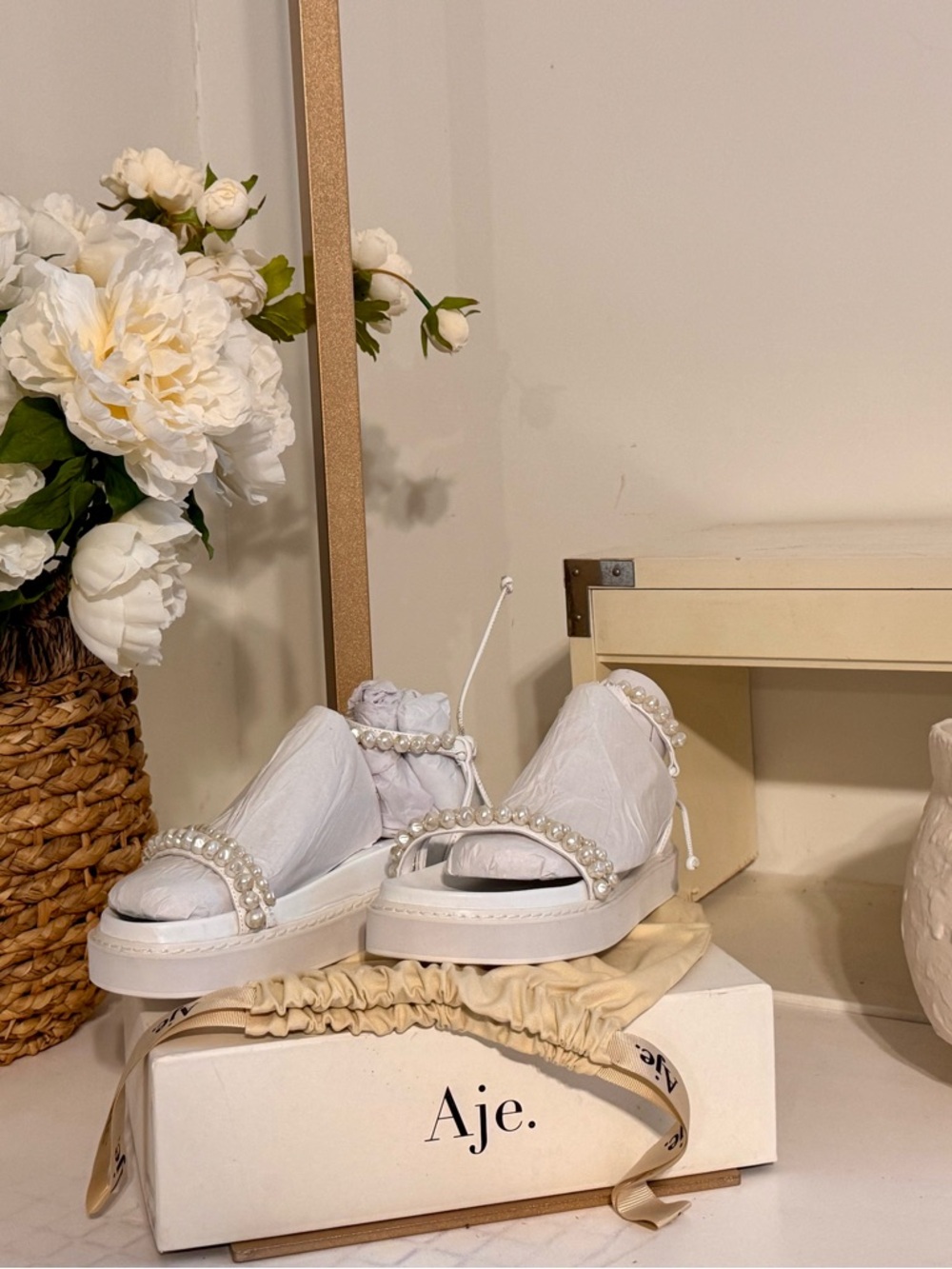 Aje White Pearl-Trim Platform Sandals